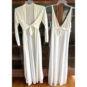 Old Hollywood Glam Ivory Peignoir Set Maxi Gown Tie Front Robe Bridal Romantic M